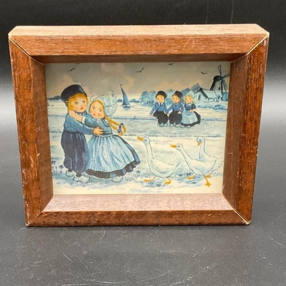 Framed‎ Krüger Delft-Style Dutch Children Postcard with Geese in Wood Shadowbox